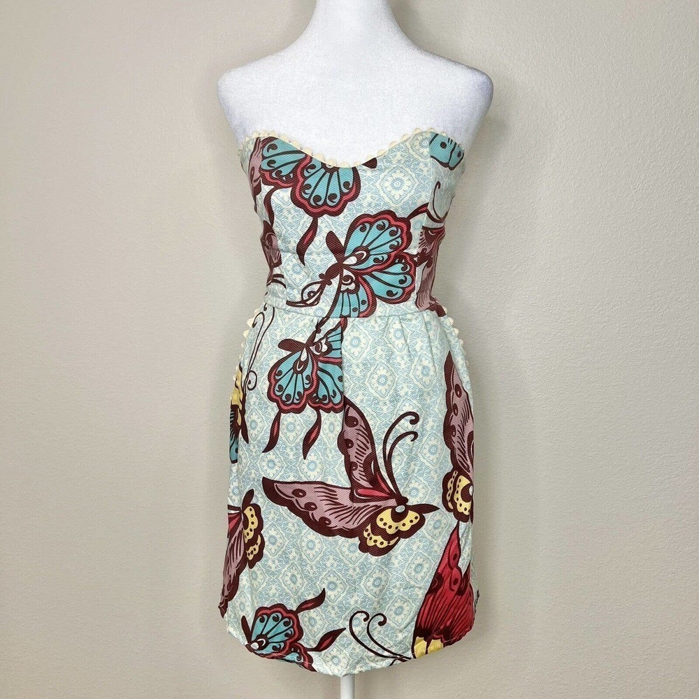 Judith March Ivory & Blue Scroll Butterfly Strapless Sweetheart Dress Sz S